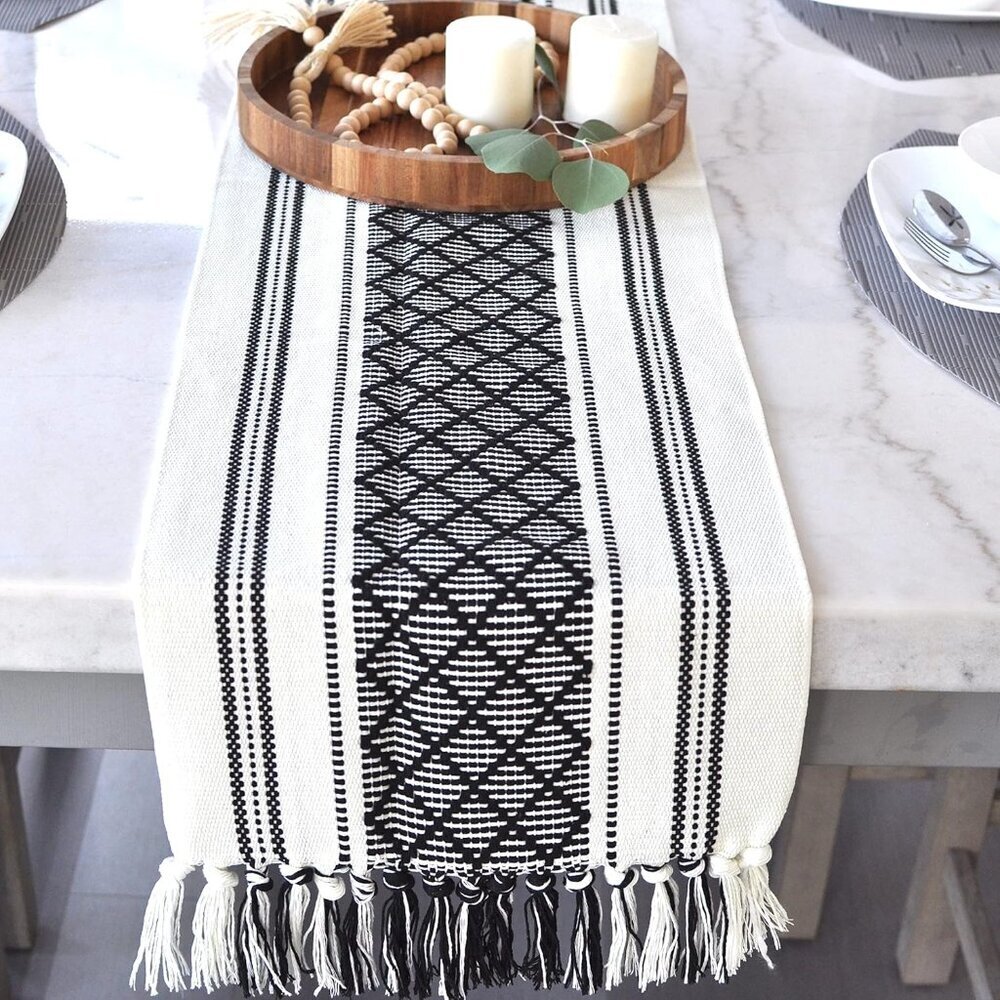 Boho Table Runner with Fringe 14 x 90 Inches, Black & Cream | Woven Washable Con